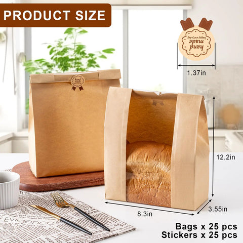Large Window Paper Bread Bags 25 Pack For Sourdough And Homemade Bread With Label Seal Stickers includes 25 bags