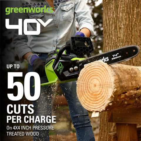 Smooth Operator 40 Volt Cordless Electric Chainsaw With 14 Inch Guide Bar And Brushless Motor Tool Only cutting wood.