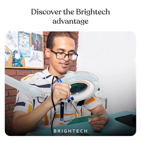 Person using LightView Pro Magnifying Floor Lamp With Stand, Hands Free Magnifier And Dimmable LED Work Light at workspace