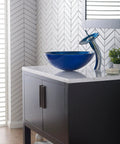 Round Blue Glass Vessel Bathroom Sink For Above Counter Installations With Easy To Clean Smooth Interior Durable Scratch Resistant Surface GV204 on modern vanity