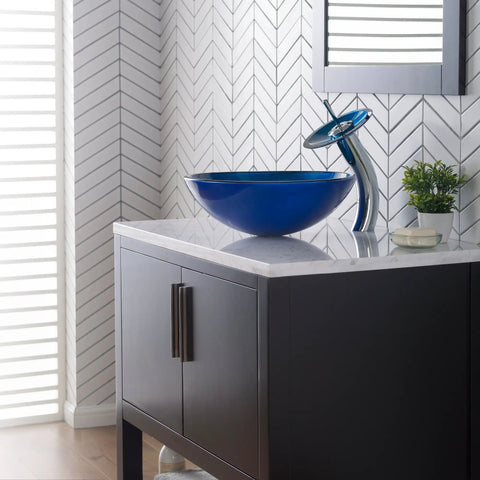Round Blue Glass Vessel Bathroom Sink For Above Counter Installations With Easy To Clean Smooth Interior Durable Scratch Resistant Surface GV204 on modern vanity