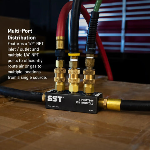 Air Manifold With 1/2 NPT Inlet And 1/4 NPT Outlet on box, displaying multi port distribution for air compressors