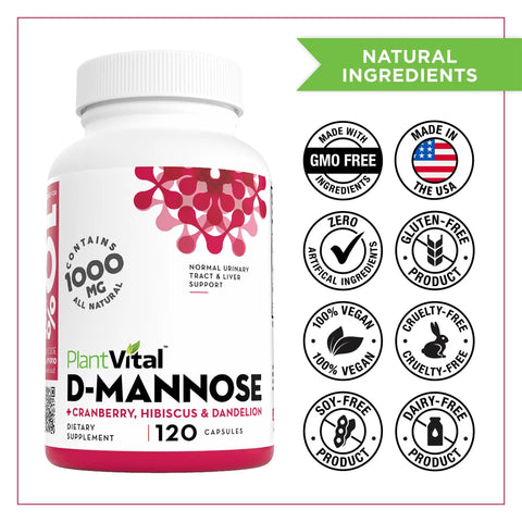 D Mannose Capsules 1000mg With Cranberry Extract Hibiscus And Dandelion For Urinary Tract Support Bladder Health 120 count bottle