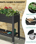 Elevated Garden Bed With Wheels And Storage Shelf For Outdoor Use Plastic Planter Box With Drain Plug Central Divider And Water Level Float System For Precise Moisture Control For Plants Vegetables Flowers And Herbs Black