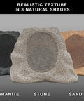 Rock Speaker Connect Stone Outdoor Wireless Speaker With Bluetooth 5.3, shown in granite, stone, and sand textures