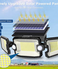 Three Head Solar Outdoor Flood Lights 7300LM IP65 Waterproof Security Spotlight with solar panel diagram and brightness.