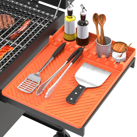 Premium Silicone Grill Mat Sixteen By Eleven Point Five Inches For Griddle Grillin Spatula Mat With Drip Pad Utensil Organizer