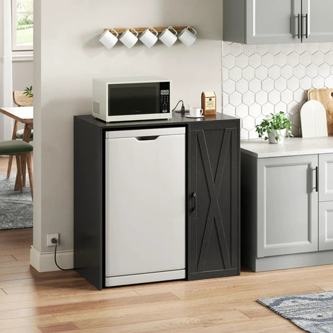 Alt Tag: Mini Fridge Cabinet With Storage And Power Outlet For Your Coffee Bar Setup, Fits A 24 Inch Wine Fridge, 3 Tier Organizer in black
