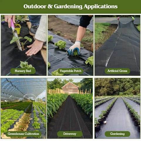 Heavy Duty Weed Barrier Landscape Fabric 4Ft Wide 300Ft Long With 120 U Shaped Securing Pegs used in garden beds and driveways.