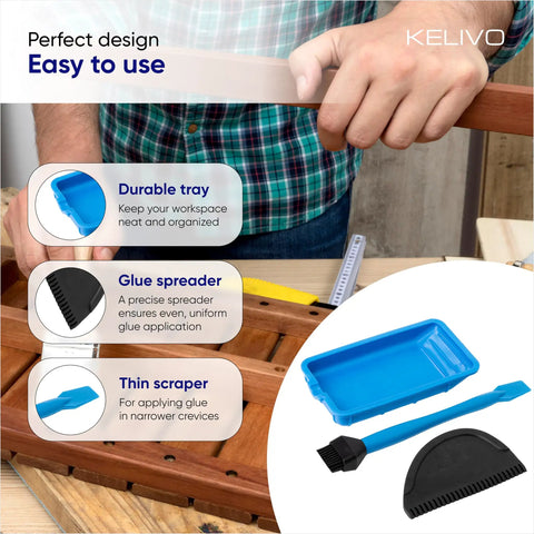 Built Different Non Stick Silicone Glue Brush Set With Tray And Spreader Tool Smooth Operator tools on a workbench, showing tray and applicators.