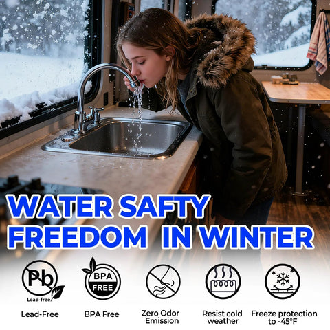 Heated RV freshwater water hose, 50 ft with fittings; freeze protection to -45°F.