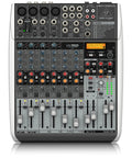 Xenyx QX1204USB Premium 12 Input 2 By 2 Bus Analog Mixer With Ultra Low Noise Mic Preamps Studio Grade Compressors Klark Teknik Multi FX USB Audio Interface And Wireless Option, top view showing controls and interface connections.