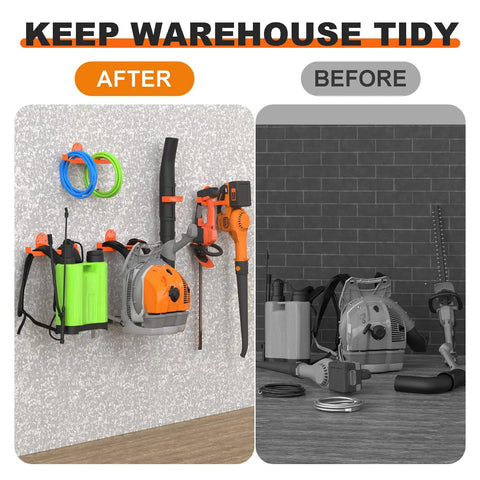 Backpack Blower Rack Wall Mount 4 Pack Heavy Duty Steel Holder With Hose Hook And Rubber Coated Guard No Wobble Secure Storage For Leaf Blowers Ideal For Home Garages And Pro Landscaping, wall-mounted with blower and hose storage