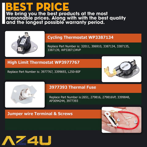 5 Piece Dryer Heating Element And Thermostat Replacement Kit For Electric Dryers With All Elements And Thermal Cutoff Kit