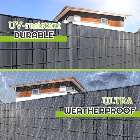 Chain Link Fence Privacy Tape 164 Ft By 6 In PVC Slats Privacy Screen installed around modern house in sun and rain conditions