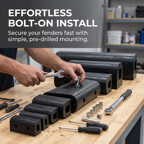 Person installing Black D Type Rubber Dock Fender for ships and piers, easy bolt-on marine dock protection, size D100x1000.
