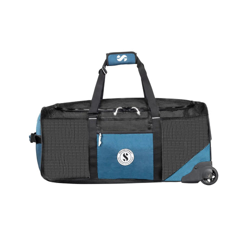 Mesh N Roll 100 Wheeled Dive Bag With Double Duffel Straps And Adjustable Top Carry Handle For Scuba Gear Denim Blue Heavy Duty Coated Mesh Sides For Wet Gear Drain And Easy Transport Plus Backpack Style