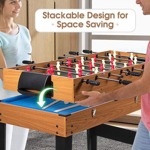 Premium 3 In 1 Game Table Combining Foosball Billiards And Slide Hockey, featuring stackable design for space-saving convenience.