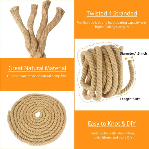 Heavy Duty 1.5 Inch Manila Rope 50 Ft Treated Hemp Mooring Line For Boats Docks Decks And Outdoor Use Natural Fiber Strength