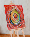 Abstract painting on easel featuring swirl patterns and an avocado shape in vibrant colors, representing creativity and artistry.