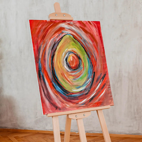 Abstract painting on easel featuring swirl patterns and an avocado shape in vibrant colors, representing creativity and artistry.