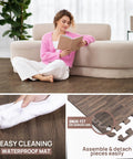 Woman sitting on sofa with Interlocking EVA Foam Floor Tiles Puzzle Mats With Border 24x24 Inches for home setup.