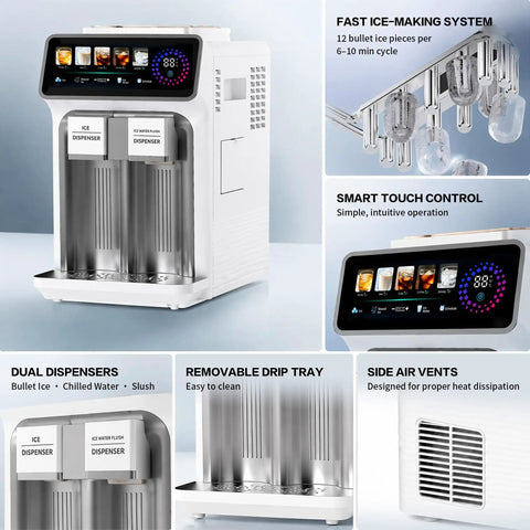 3 In 1 Countertop Ice Maker Featuring An Automatic Ice Crusher And Water Dispenser To Make Bullet Ice Shaved Treats Or Slush Fast in a sleek design with dual dispensers.