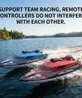 Red and blue 14 Inch RC Boat With Sick Speed Remote Control Boat For Kids And Adults 23 Plus MPH Water Toy racing in a lake.