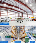 Large airplane exhibition hangar, basketball court, warehouse, and factory shown with various lighting applications visible in image.