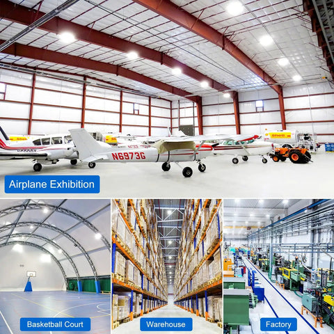 Large airplane exhibition hangar, basketball court, warehouse, and factory shown with various lighting applications visible in image.