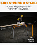 Universal Portable Miter Saw Stand 2nd Generation Pro Grade With Quick Release Tool Mount Folding Design And 114 Inches Of Material Support Fits Dewalt Milwaukee Ridgid Bosch Makita Ryobi And More setup with a miter saw, showcasing 500 lb capacity and 33-inch working height.