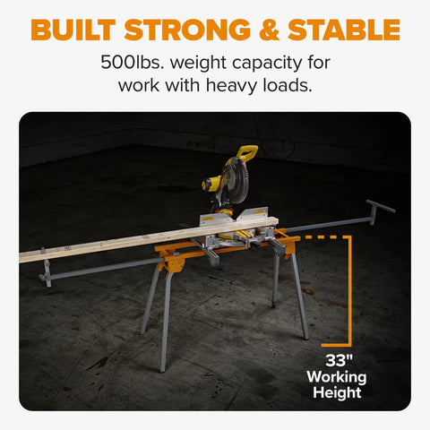 Universal Portable Miter Saw Stand 2nd Generation Pro Grade With Quick Release Tool Mount Folding Design And 114 Inches Of Material Support Fits Dewalt Milwaukee Ridgid Bosch Makita Ryobi And More setup with a miter saw, showcasing 500 lb capacity and 33-inch working height.
