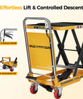CAMMOO yellow foldable hydraulic lift table cart, 500 lb capacity, red wheels