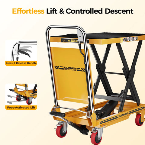 CAMMOO yellow foldable hydraulic lift table cart, 500 lb capacity, red wheels