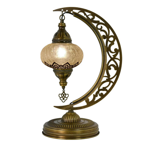 Turkish Clear Glass Moon Shape Table Lamp, Vintage Crescent Boho Chic Desk Light For Rustic Living Rooms, Antique Glam Decor