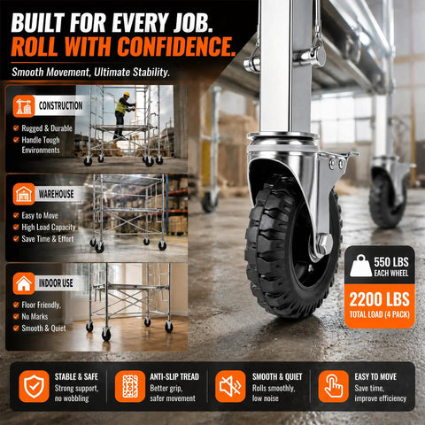 Five Inch Heavy Duty Scaffold Caster Wheels With No Fuss Locking Brake And Anti Slip Tread Dual Ball Bearings Built Tough For Smooth Rolling on industrial surface.