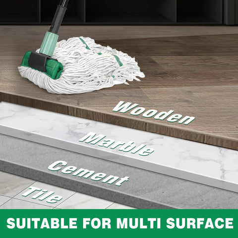 Heavy Duty Mop With Extended Reach Handle cleaning wooden and marble floors, showcasing versatility on multiple surfaces.