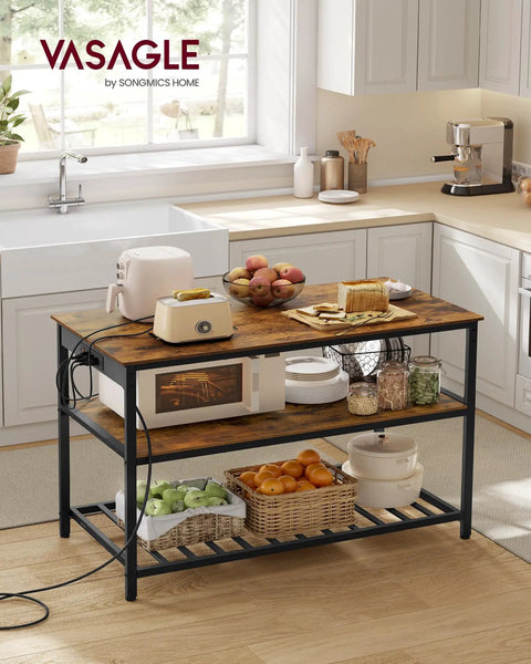 Industrial Kitchen Island With Built In Power Strip And Three Outlets, 47.2 Inch Wide Worktop, Rustic Brown Black Finish