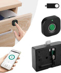 Smart Biometric Cabinet Lock With Fingerprint Access And Bluetooth App Control installed on wooden drawer, remote unlock, USB key