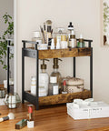 Two Tier Countertop Coffee Station Organizer Rack for Coffee Bar Essentials in wood and metal on a bathroom vanity