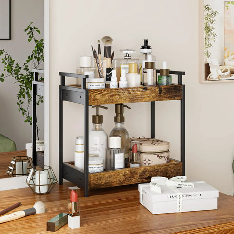 Two Tier Countertop Coffee Station Organizer Rack for Coffee Bar Essentials in wood and metal on a bathroom vanity