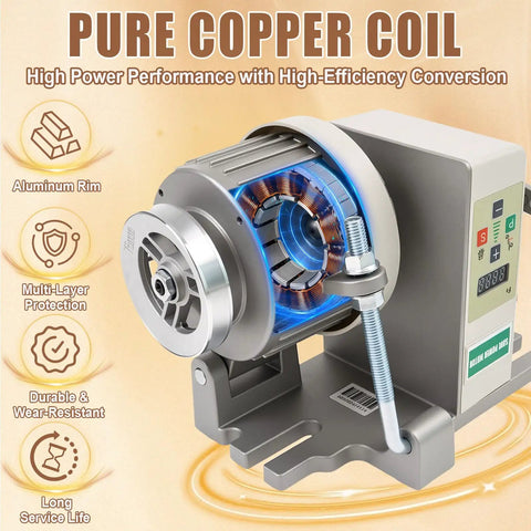 Powerhouse Servo Motor for Sewing Machines With Controller and Foot Pedal, highlighting pure copper coil and aluminum rim