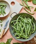 Blue Lake 274 Bush Bean Seeds 2 Oz Seed Pack For Home Gardeners With Tender 5 To 6 Inch Pods And Great Flavor For Fresh Or Frozen Harvest In About 58 Days Plant Height 15 Inches Spread 10 Inches Ideal For All Growing Zones 1 Through 11 displayed in colander and plate