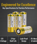 Heavy Duty 23A 12V Alkaline Batteries 5 Pack Runs Forever For Garage Door Openers And Remote Controls displayed with key specifications.