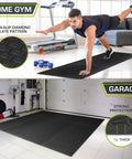Interlocking Puzzle Foam Floor Tiles Half Inch Thick For Home Gym And Kids Play Areas EVA Cushioned Mats Non Slip Black Tiles 48 Sq Ft Pack Of 12 For Floor Protection And Comfortable Workouts shown in gym and garage settings