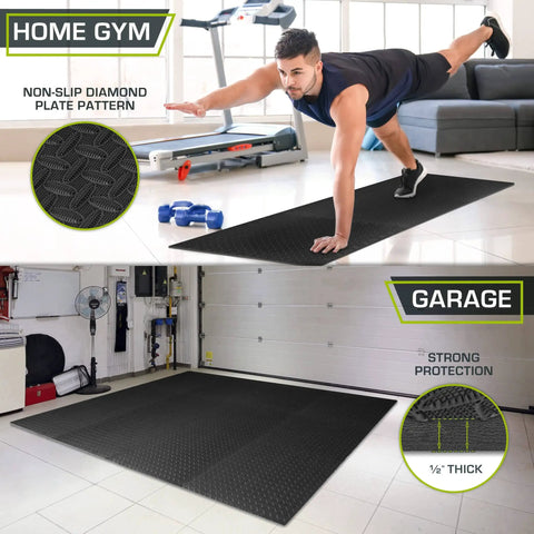 Interlocking Puzzle Foam Floor Tiles Half Inch Thick For Home Gym And Kids Play Areas EVA Cushioned Mats Non Slip Black Tiles 48 Sq Ft Pack Of 12 For Floor Protection And Comfortable Workouts shown in gym and garage settings