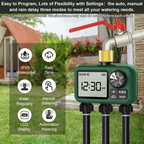Outdoor Water Timer For Garden Hose With Auto Manual And Rain Delay Modes No Fuss 3 Zone Sprinkler Controller on display