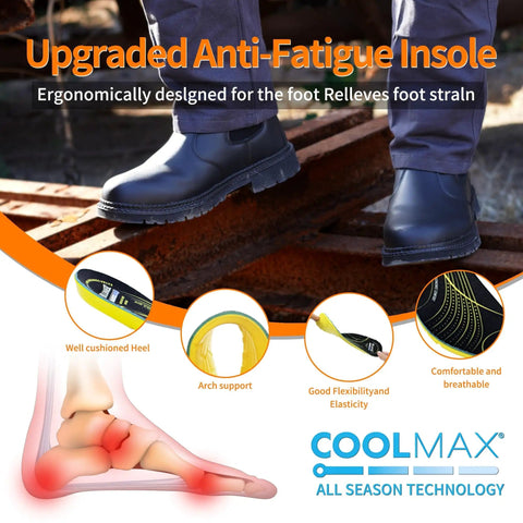 Slip On Steel Toe Go To Work Boots For Men Waterproof Non Slip Lightweight All Day Comfort Built For Tough Industrial And Construction Jobs With Impact And Puncture Protection And CSA ASTM Safety Approved, with upgraded anti-fatigue insole.