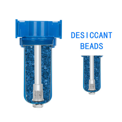 Zinc Alloy Desiccant Air Dryer Inline Filter With Moisture Water Separator And Poly Bowl Half Inch NPT, blue beads inside.