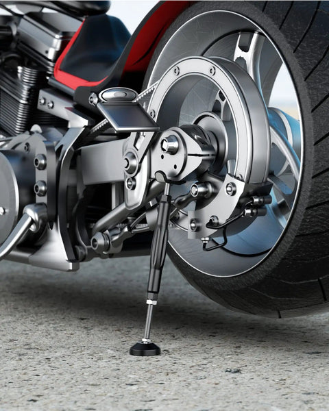 Motorcycle Wheel And Chain Cleaning Stand With Adjustable Height, One Hand Operation under rear wheel of motorcycle